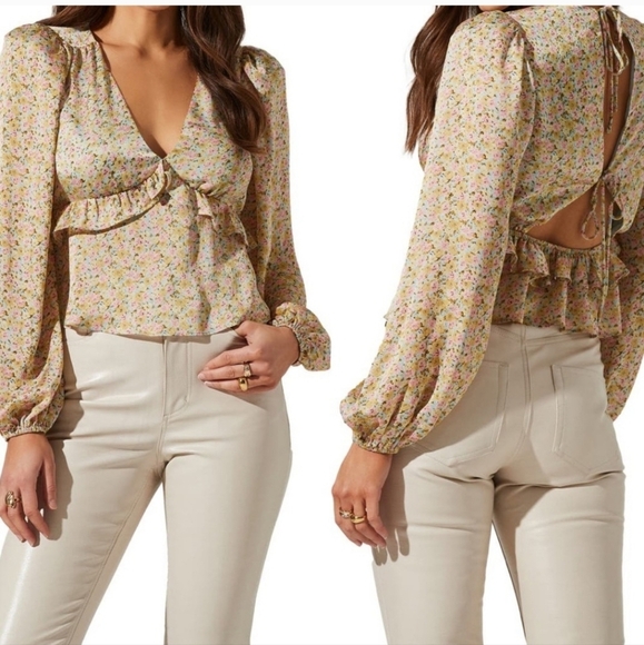 Astr The Label Womens Tie Back Ruffle Cropped Blouse Sz XL Mustard Pink Ditsy - Picture 14 of 14